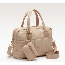 Mg Concept Kapitone Kadın El Çantası – Hafif Şişme Kumaş Günlük Omuz & Laptop Çantası Bej Renk Fermuarlı Organizerli