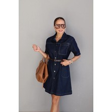 Purple By Banu Lacivert Kemerli Mini Jean Elbise