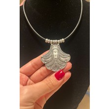 Vintage Takı Siyah Deri Hitit Tarzı Silver Gümüş Kaplama Choker