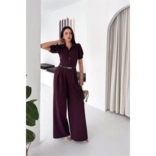 Neşeli Butik Kadın Bordo Kemer Detaylı Tam Boy Taşlı Gömlek Yaka Tulum NBK4592