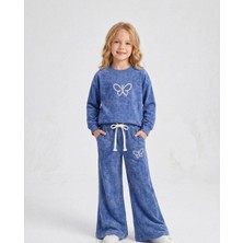 HaanBebe Kız Çocuk Kelebek Nakışlı Peluş Kadife Alt Üst Takım - Ikili Eşofman Takımı