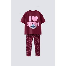 Bubiee Baby Kız Çocuk Bordo Stitch Baskılı Kalp Desenli Pamuklu Esnek Taytlı Takım