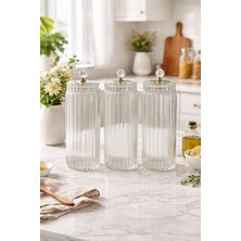 3'lü  Borosilikat Cam Optik Çizgili Kristal Gold Kapaklı Kavanoz Seti 1500 ml