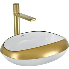 Eva Banyo Lena Tezgah Üstü Lavabo Parlak Beyaz & Altın