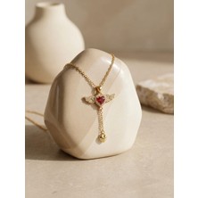 Triya Wear Studio-Çelik-Kararmaz-Gold Renk-Kalp Desenli-Parlak Taşlı Kadın Kolye