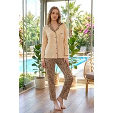 Remsa Kadın Leopar Desenli Önü Düğmeli Yumuşak Milan Kumaş Pijama Takımı 250347-9 BEJ02