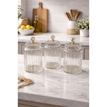 3'lü Borosilikat Cam Optik Çizgili Kristal Gold Kapaklı Kavanoz Seti 800 ml