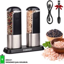 Şarjlı Paslanmaz Çelik Tuz Karabiber Değirmeni Otomatik Baharat Öğütücü 2li Stant Neo Class