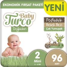 Baby Turco Doğadan Ekonomik Fırsat Paketi Pofuduk Bebek Bezi 2 Numara Mini 96 Adet
