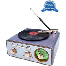 Nuveden Metalik Nostaljik Tasarım Plak Çalar Görünümlü Radyolu Bluetooth Hoparlör Retro Müzik Plak