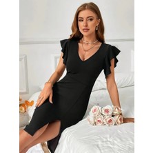 Meğdaix Kadın Kısa Kollu V Yakalı Kolları Volanlı Yandan Yırtmaçlı Kısa Janjan Krep Elbise