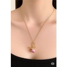 Famemus Accessory Zarif Fiyonk Taş Detaylı 45 cm Çelik Gold Kolye