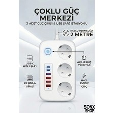 Uravas Store 2500W Çoklu Priz 2 Metre – 3’lü Ac Priz +5 USB Çıkışı Akim Korumali Alev Almayan Gövde
