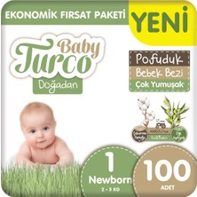 Baby Turco Doğadan Ekonomik Fırsat Paketi Pofuduk Bebek Bezi 1 Numara Newborn 100 Adet