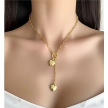 Famemus Accessory Şık Tasarımlı 45 cm Gold Renk Çelik Kolye – Doğal Taş Detaylı