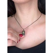 Vintage Takı Minimal Siyah Deri Ipli Bakır Kaplama Kuru Kafa Kolye