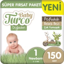 Baby Turco Doğadan Süper Fırsat Paketi Pofuduk Bebek Bezi 1 Numara Newborn 150 Adet