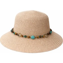 Soulistic Collection Kadın Pudra Renk Boncuklu Hasır Şapka