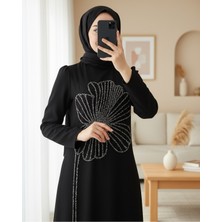 Modamorfo Yonca Taş Desenli Dik Yaka Krep Abiye -Siyah