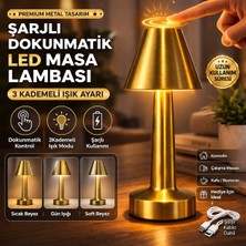 Toptan Hediyeci Şarjlı Dokunmatik LED Masa Lambası Gold | 3 Kademeli Işık Ayarlı Premium Metal Gece Lambası