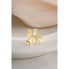 Nereze 925 Ayar Gümüş Gold Kaplama 3 Yıldızlı Kıkırdak Küpe