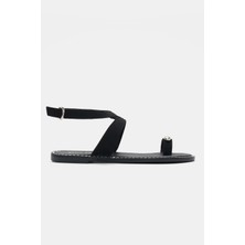 Selin Shoes Nevix Parmak Arası Bilekten Tokalı Kadın Terlik- Siyah Süet