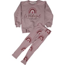 by BebekOdam Kız Çocuk Gülkurusu Wonderful Yazılı Gökkuşağı Fitilli Taytlı 2'li Takım - 1016400