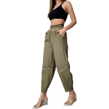 Nana & Mayka Moda Kadın Haki Salaş Şalvar Pantolon Yıkamalı Eskitmeli Gabardin Kalın Lastikli Bel Rahat Günlük Bohem Pantolon S M L