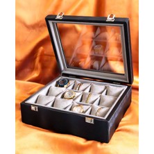 Shansora Design 12'li Parlak Siyah Saat Kutusu, Suni Deri Kaplamalı, Özel Üretim, El Yapımı