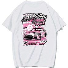 Brz Collection Unisex Oversize Racing Car Speed 97 T-Shirt (Beyaz)