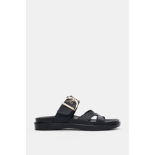 Selin Shoes Cenira Ayarlanabilir Gold Toka Detaylı Kadın Terlik- Siyah