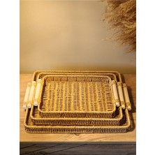 Plentiful Hasır Rattan Sunum Tepsi 3'lü Organizer Bambu Kulplu Dikdörtgen