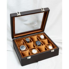 Shansora Design 12'li Kahverengi - Taba Renk Saat Kutusu, Suni Deri Kaplamalı, Özel Üretim, El Yapımı
