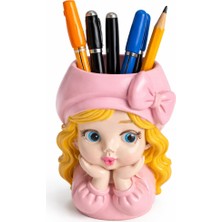 El Yapımı Taş Tozu Döküm Dekoratif Kız Figürlü Kalemlik-Pembe