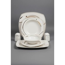 İpek Porselen 12 Kişilik 55 Parça Kare Tasarım Krem Altın Yaldızlı Yemek Takımı