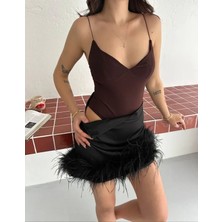 Derin Dekolte Askılı Body Sırt Dekolteli Şık Kolsuz Yazlık Bodysuit - Kahverengi