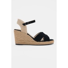 Selin Shoes Monre Hakiki Deri Dolgu Topuklu Kadın Sandalet- Siyah