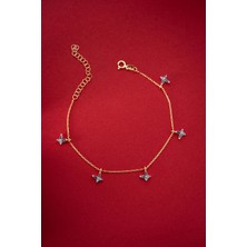 Nereze 925 Ayar Gümüş Gold Kaplama Aquamarin Taşlı Kelebek Şans Bileklik