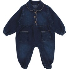 by BebekOdam Kız Bebek Mavi Kahve Biyeli Yakalı Düğmeli Kot Tulum - 1016687