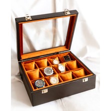 Shansora Design 12'li Acı Kahverengi Saat Kutusu, Suni Deri Kaplamalı, Özel Üretim, El Yapımı