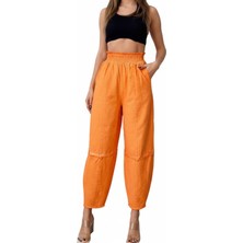 Nana & Mayka Moda Kadın Turuncu Salaş Şalvar Pantolon Yıkamalı Eskitmeli Gabardin Kalın Lastikli Bel Rahat Günlük Bohem Pantolon S M L