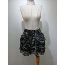 Gizelia Siyah Şal Desenli Kat Kat Fırfırlı Büzgülü Mini Etek