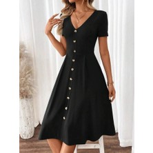 Stores36 Kadın Kısa Kollu V Yakalı Önden Düğmeli A Kesim Dokuma Elbise
