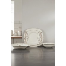 İpek Porselen 6 Kişilik Kare Form Krem Emboss Desenli Destan 24 Parça Yemek Takımı