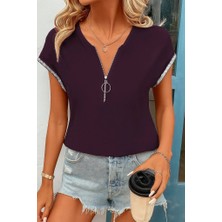 Kadın Kısa Kollu Önden Fermuarlı Kol Ucu Işıltılı Viskon Bluz