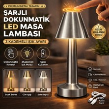 Toptan Hediyeci Şarjlı Dokunmatik LED Masa Lambası Gümüş | 3 Kademeli Işık Ayarlı Premium Metal Gece Lambası
