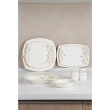 İpek Porselen 12 Kişilik 55 Parça Kare Tasarım Emboss Desen Altın Yaldızlı Yemek Takımı