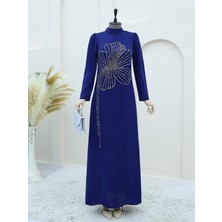 Modamorfo Yonca Taş Desenli Dik Yaka Krep Abiye -Laci