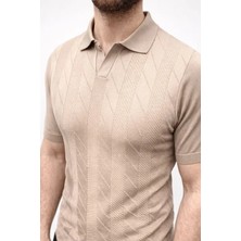 Stores36 Erkek Yazlık Triko Dokuma Tişört Kısa Kol Polo Yaka T-Shirt - Bej