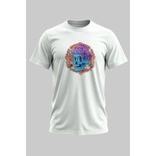 Buzagi Kedi ve Kurukafa Regular Kalıp Dijital Baskılı Beyaz Tişört